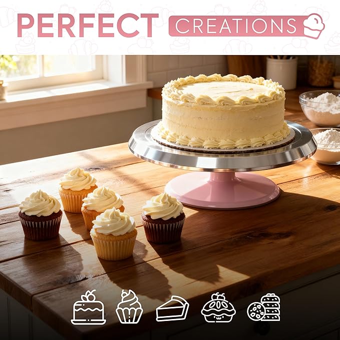 Riccle 12 Inch Pink Aluminium Alloy Revolving Cake Stand – Rotating Cake Turntable for Cake Decorating, Baking, and Cake Decorating Supplies