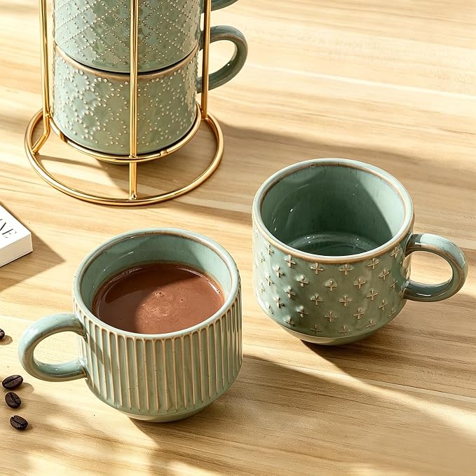 JIEMEI HOME Large Ceramic Coffee Mug Set of 4 with Stand, 15 Oz Stackable Embossment Ribbed Latte Cup Set for Cappuccino, Latte, Tea, Hot Cocoa, Drinks - Dishwasher & Microwave Safe, Vintage Turquoise - Image 8