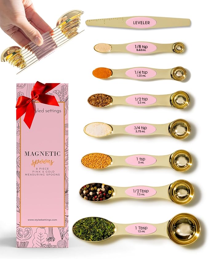 Pink Magnetic Measuring Spoons Set - 8-Piece Dual-Sided Stainless Steel Spoons, Stackable and Spice Jar Friendly – Stylish Pink Kitchen Accessories for Cooking and Baking by STYLEDSETTINGS
