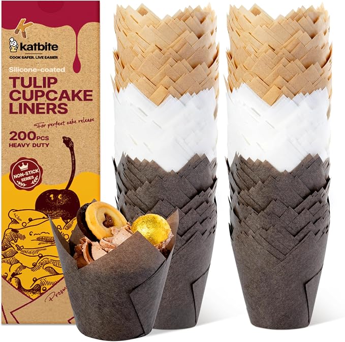 Katbite Tulip Cupcake Liners 200PCS, Muffin Baking Cups Holders | Unbleached Greaseproof Food-Grade PFAS-Free 40 GSM No Fade Thick Bottom Cupcake Wrapper for Party, Wedding, Birthday by katbite