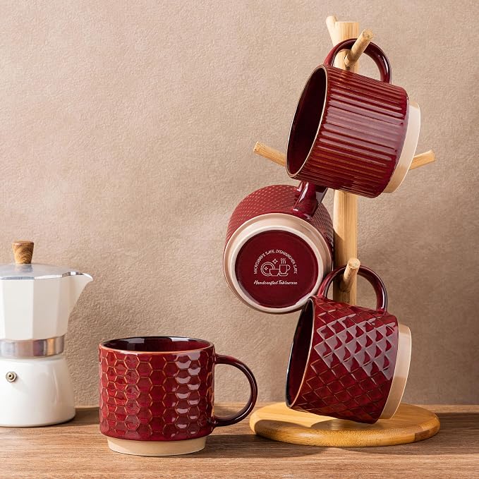 GBhome 15 OZ Stackable Coffee Mugs Set of 4, Ceramic Coffee Cups Set | 4 Assorted Designs, Embossed Mugs with Texture Patterns for Tea/Coffee, Dishwasher&Microwave Safe, Burgundy - Image 8
