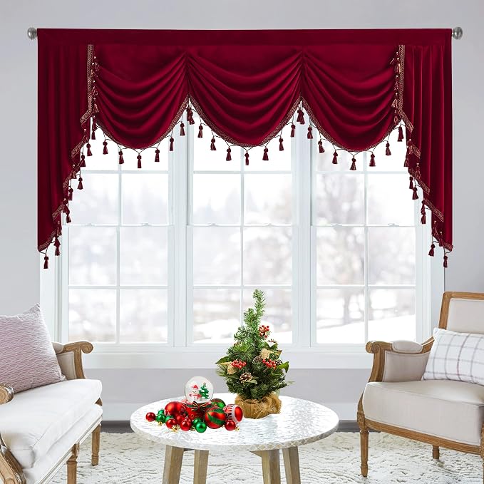 Christmas Red Waterfall Velvet Curtain Valances W79 inches, 1 Panel | Luxury Waterfall Swag Valances, Room Darkening Privacy Window Drapes for Theater, Living Dining Room, Media by StangH