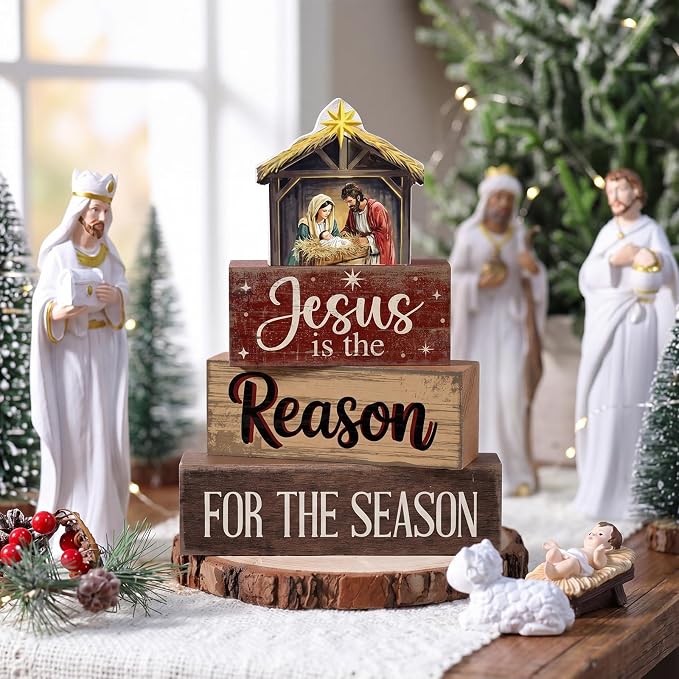 Moucuny 4 Pcs Christmas Table Decoration Christian Wooden Stacked Block, Jesus is the Reason for the Season Signs with Nativity Scene, Rustic Religious Christmas Tiered Tray Decor for Home Church - Image 2