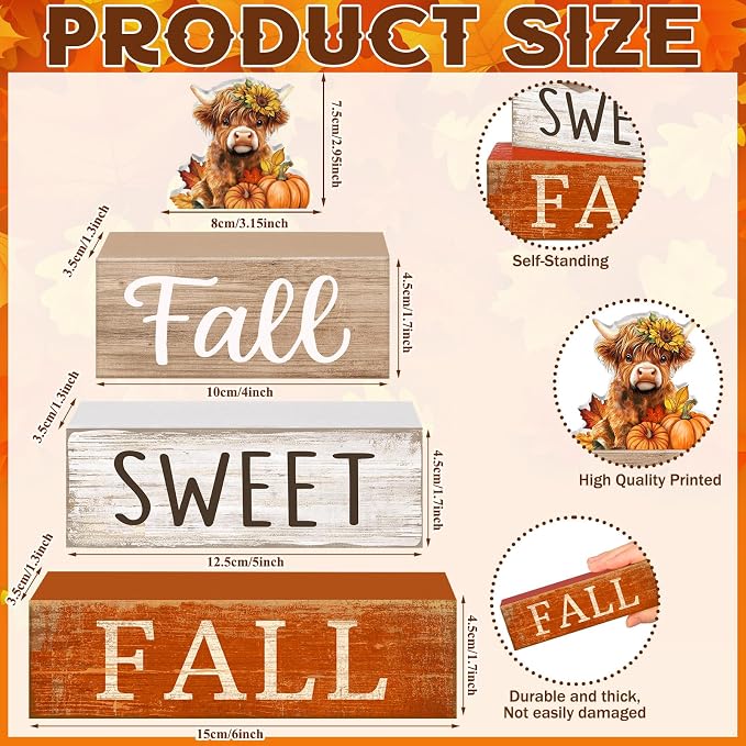 Moucuny 4 Pcs Fall Decoration for Highland Cow Home Fall Table Decor Wooden Stacked Block Decor with Sunflower Cow & Pumpkin Topper Rustic Thanksgiving Tiered Tray Decoration for Harvest Home Kitchen - Image 2