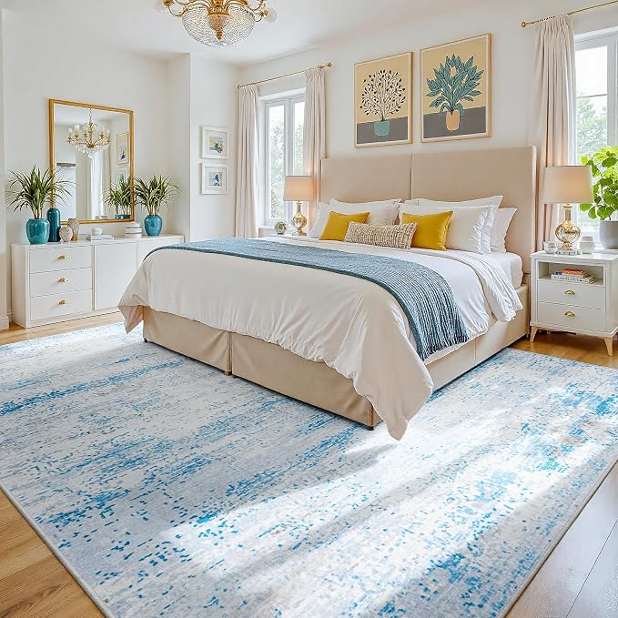9x12 Washable Area Rug for Living Room Bedroom: Non-Slip Modern Light Blue | Machine Washable TPR Backing, Stain-Resistant Low Pile, Pet & Kid Friendly, Abstract Decor for Dining Room, Dorm, Home Office - Image 2