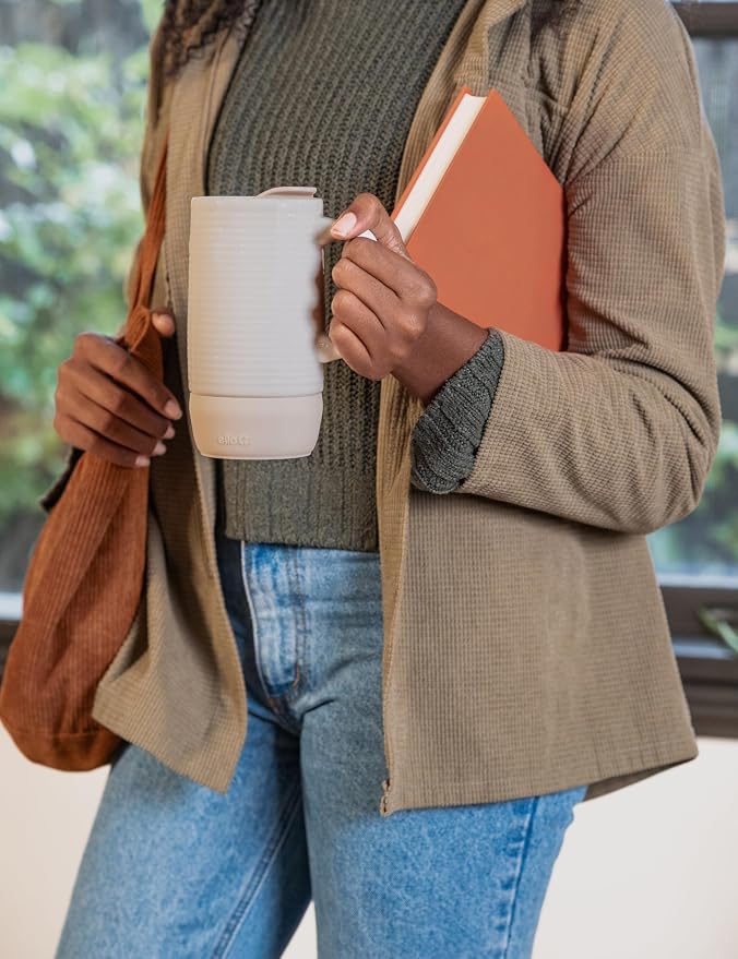 Ello Jane 18oz Ceramic Travel Mug with Handle and Built-In Coaster, Sandbar | Splash-resistant ceramic coffee tumbler with handle and silicone base. BPA-free, great for hot drinks, tea, and gifting. - Image 2