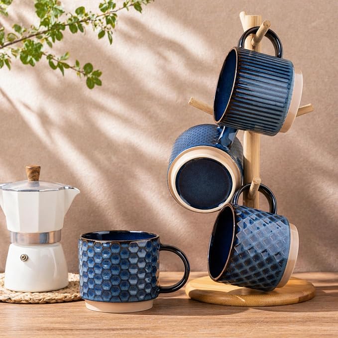 GBhome 12 OZ Stackable Coffee Mugs Set of 4, Ceramic Coffee Cups Set | Coffe Cups With Saucer and Stand, Dishwasher&Microwave Safe, 4 Assorted Designs - Image 9