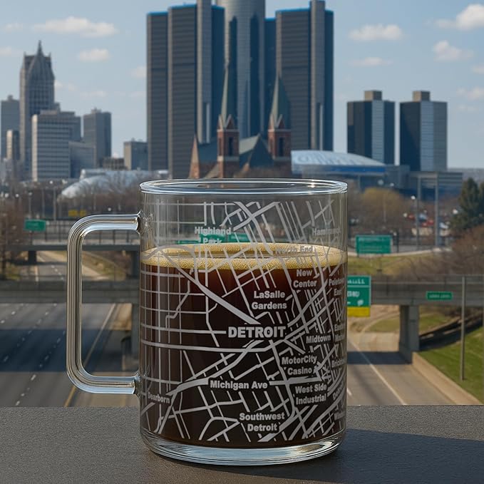 Greenline Goods – Detroit, MI Map Glass Coffee Mugs (Set of 2), 16 oz – Etched Wrap Design