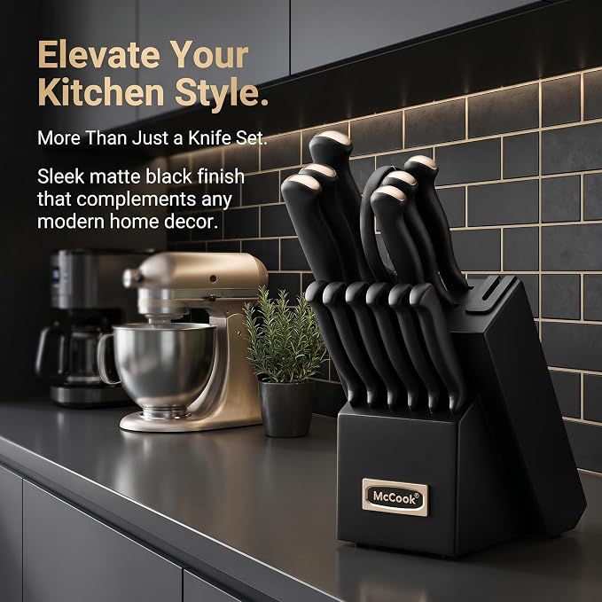 McCook Knife Set Black Kitchen Knife Block Set w Built-in Sharpener | German Forged Stainless Steel,15 PC,Razor Sharp, Anti-Rust,Ergonomic Handle,Full Tang,Dishwasher Safe,Gift Box - Image 7