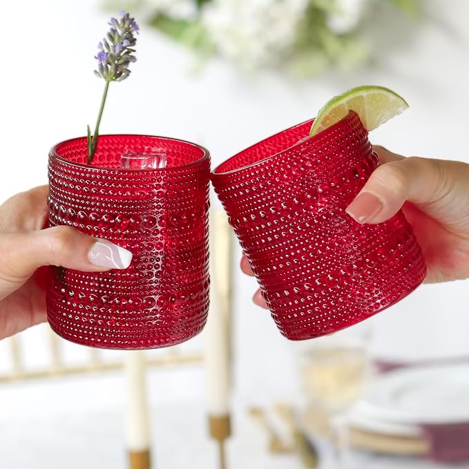 Kate Aspen Retro Arch Floral Red Drinking Glasses Set of 6, 10 oz Vintage Ribbed Glass Cups, Christmas Glassware & Holiday Drinkware, Valentine’s Day & Holiday Hostess Gift - Image 3