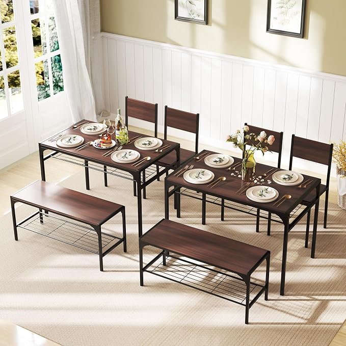 Giantex Dining Table Set for 4, Kitchen Table with Chairs & Bench, Storage Racks, Metal Frame, 4-Piece Space-Saving Dinette Set for Dining Room, Breakfast Nook, Small Space, Apartment, Walnut - Image 7