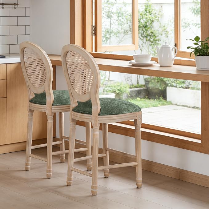 French Country Barstool, Linen Farmhouse Counter Height Chair | Set of 2, with Rattan Round Back and Solid Wood Legs, Oval Chairs for Restaurant, Bar, Kitchen, Café, Green - Image 2