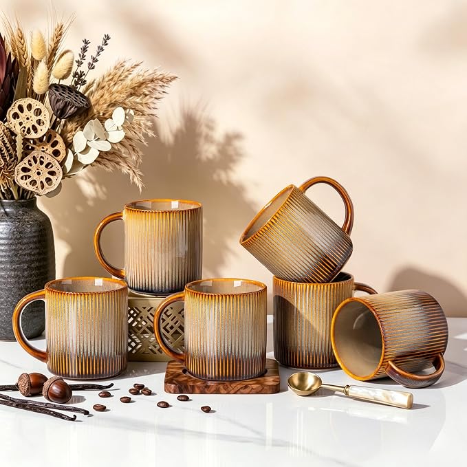 theterra Ceramic Coffee Mugs Set of 6, 14.2 oz Coffee Cups with Handle | Handmade, Suitable for Latte, Tea, Milk, Beer & Hot Cocoa, Creamy Amber by TheTerra