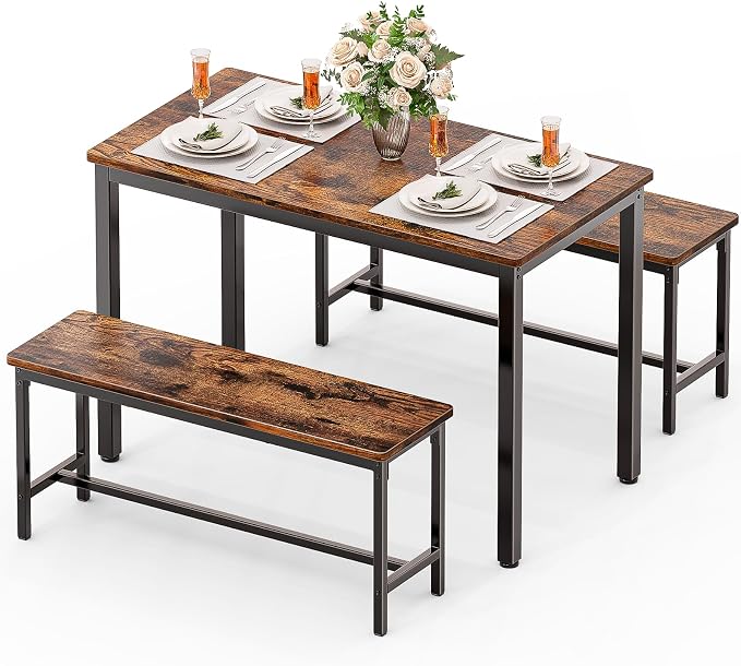 Dining Table Set for 4, Kitchen Table with 2 Benchs, Brown | Modern Functional 3 Piece Space-Saving Dining Room Table Set for Apartment, Breakfast Nook, Small Space by FAVSH