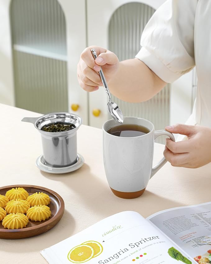 MALACASA Ceramic Tea Mug with Lid and Stainless Steel Infuser, 18 oz Large Tea Cup for Loose Leaf Tea, Heat-Resistant, Microwave & Dishwasher Safe, Speckled Glaze Coffee & Tea Brewer Mug, Khaki Gray - Image 9