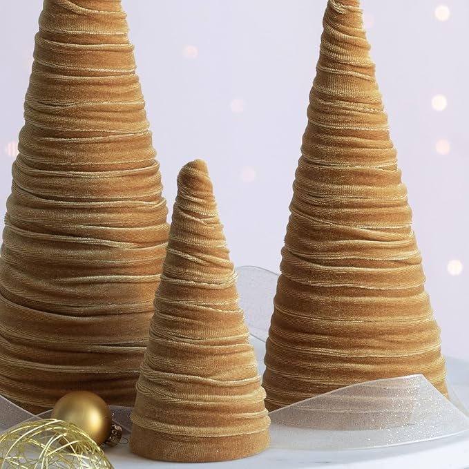 Your Heart's Content Velvet Trees Set of 3 Gold, Handcrafted Minimalist Mantel Decor, Winter Wedding Centerpiece, Valentine Tree Tabletop, Cozy Shelf Sitter (Gold) - Image 4