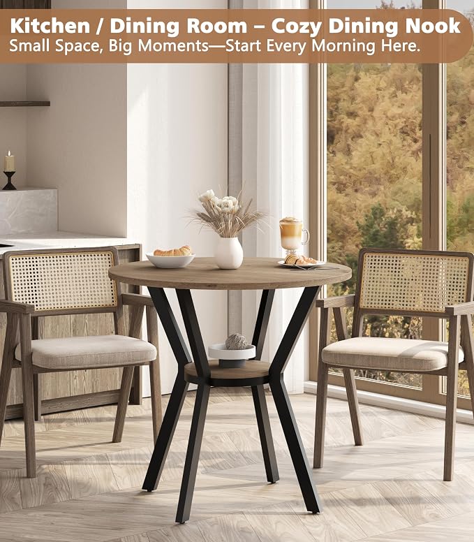 MECHYIN Round Dining Table, 31.5" Small Kitchen Table with Storage, Space Saving Dining Table, Rustic Wood Table with Metal Legs for Apartment, Dining Room & Kitchen Nook - Image 5