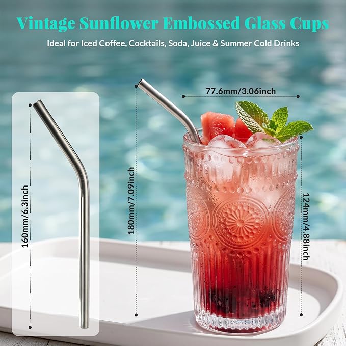 CycleMore 12Pc SunFlower Drinking Glasses,15oz + 12oz + 4oz Clear Cup | Bar Tumbler Glassware with 8 Stainless Straws for Juice, Cocktail, Whiskey, Espresso. Dishwasher Safe & Lead-Free Glass. - Image 4