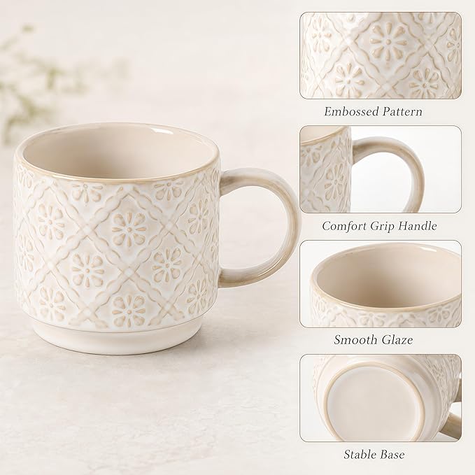 6 Oz Coffee Mugs with Stand, Stackable Coffee Cups Set of 4, Ceramic Espresso Cups, Embossed Cappuccino Cups for Latte, Cocoa, Mocha, Tea, Housewarming Wedding Present, Dishwasher Safe - Image 5