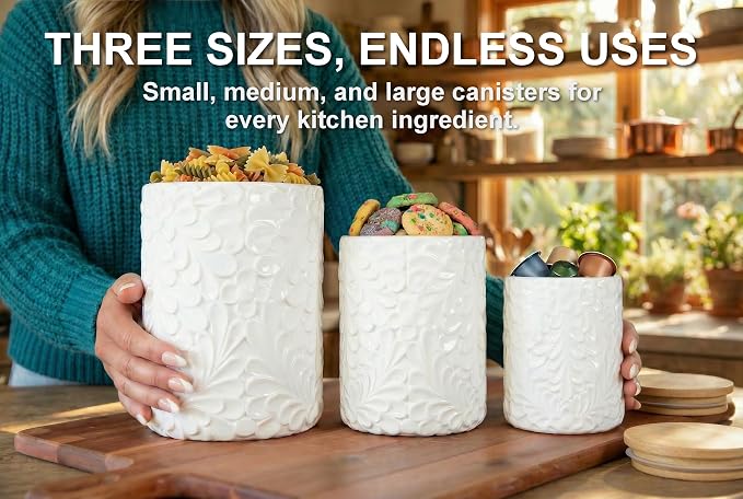 Engraved Design Kitchen Canisters Set of 3 with 74 Oz, 36 Oz, and 18 Oz - White Storage Jars for Countertop with Airtight Bamboo Lids - Large Flour Tea Coffee Sugar Spices Container - Decorative - Image 3