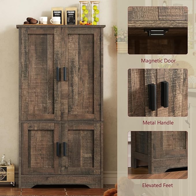 TEENFON Storage Cabinet with 4 Doors, 43.3" H Farmhouse Kitchen Cabinet with 6 Door Shelves, Kitchen Storage Cabinets with Adjustable Shelves, for Living Room, Antique Oak - Image 8