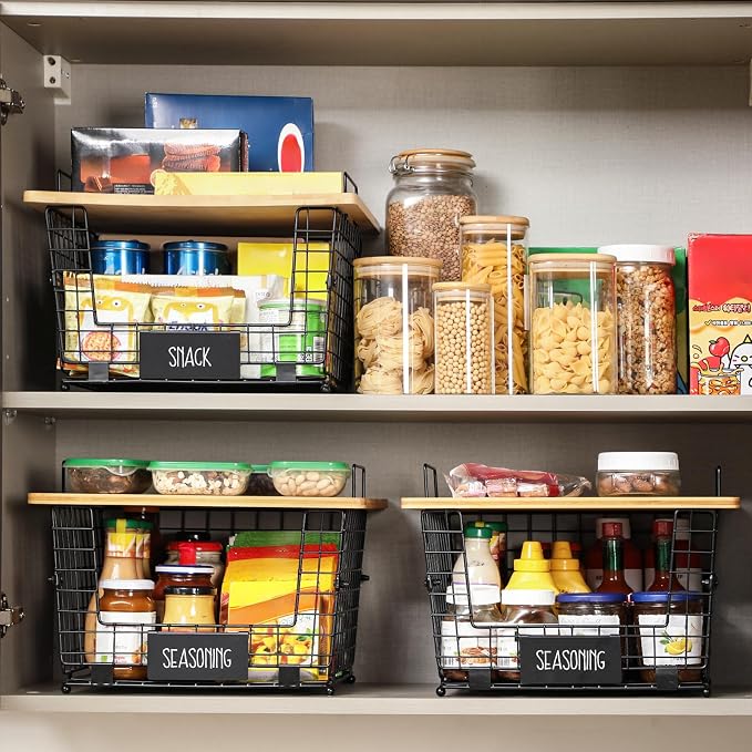 2 Set XXL Stackable Wire Basket with Bamboo Tops & Tag- Pantry Organizer and Storage Bins, Kitchen Counter Cabinet Shelf Countertop Under Sink Organizing, Food Snack Produce Onion Potato Bread Storage - Image 3