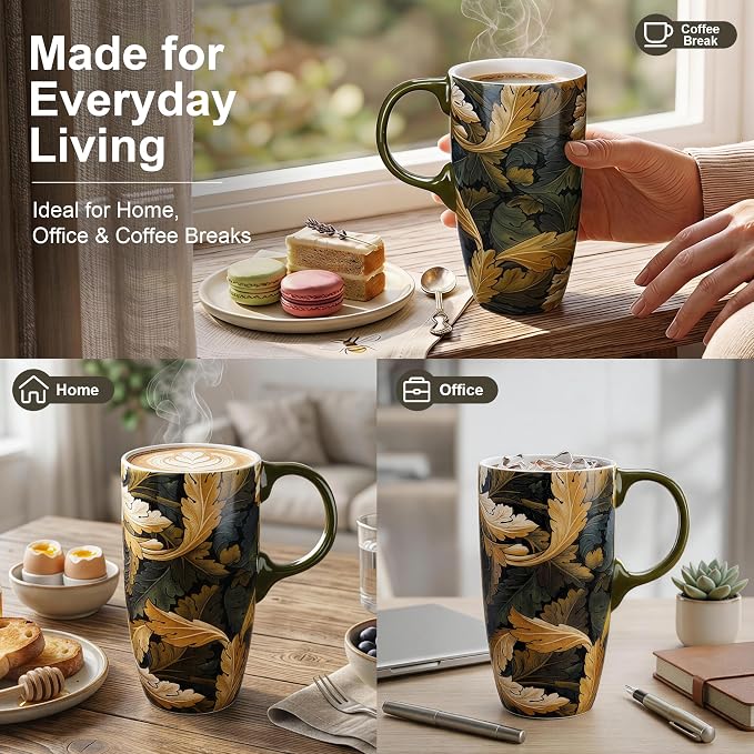 Topadorn 17oz Ceramic Travel Mug with Lid, William Morris Acanthus Leaf | Coffee Mug with Handle, Dark Gold Botanical Latte Cup, Microwave & Dishwasher Safe, Gift Box Included - Image 6