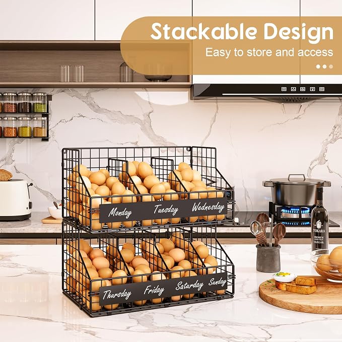 Egg Holder Countertop,Metal Egg Rack with Adjustable Dividers & DIY Labels | 2-Tier Stackable Wire Baskets, XXL Egg Basket for Gathering Fresh Eggs - Wall-Mounted Egg Storage, Chicken Coop Accessories - Image 9