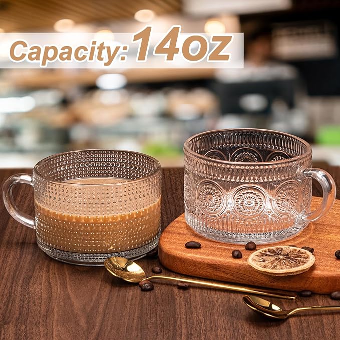 Vintage Coffee Mugs 4pcs Set, 14 Oz Glass Coffee Cups Gifts for Women, Overnight Oats containers with Bamboo Lids and Spoons,Clear Embossed Glass Cups,Cute Coffee Bar Accessories, Iced Coffee Glasses | Clear - Image 3