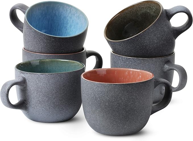 BTaT- Porcelain Coffee Mugs Set, 14 oz (415 ml), 6 Pack, Ceramic Coffee Mugs, Matte Black Outside and Colorful Inside, Restaurant Cups for Tea, Cappuccino, Cocoa, Cereal, Mug Gift Set, Dishwasher Safe by BrewToATea