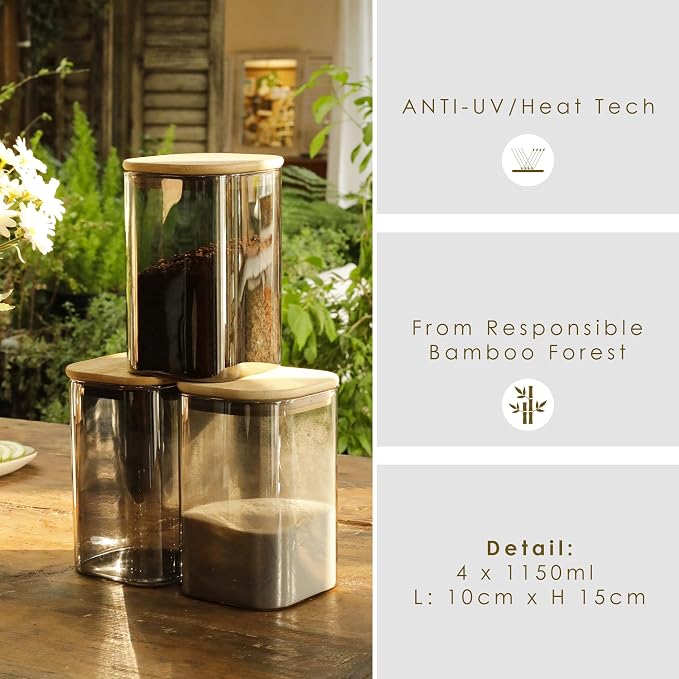 LIBWYS 4-Pack Anti-UV Square Glass Storage Jars with Bamboo Lids (1.22Qt) | Light Resistant Containers (LRC) for Pantry Organization, Coffee Beans, Loose Tea, Sugar, Pet Food | Kitchen Canisters Set - Image 2