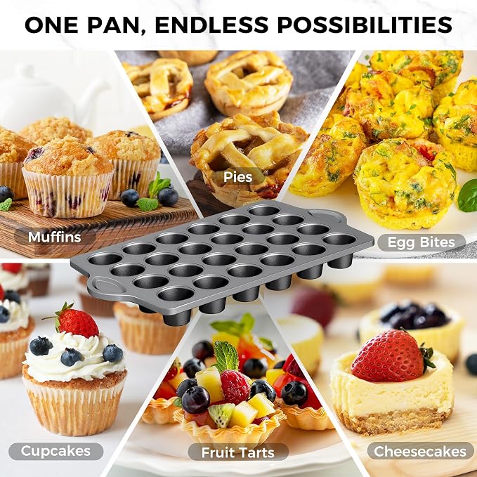 Mini 24 Muffin & Cupcake Pans with 240 Liners, Nonstick, Non-toxic | Heavy-duty Small Cheesecake Tray with Ear Shaped Wider Grips, 1.8dia, Grey, Premium - Image 6