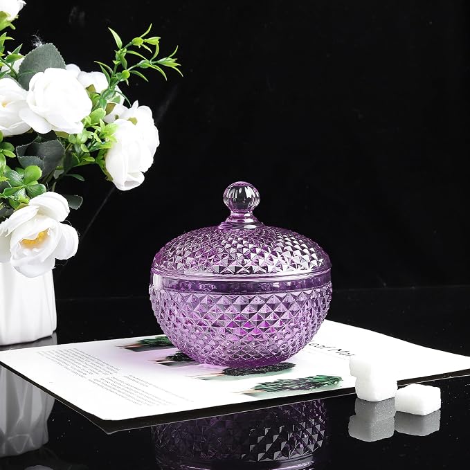Joeyan 12 oz Small Purple Glass Jewelry Box Jars with Lid,Embossed Glass Candy Dishes,Diamond Faceted Food Container,Decorative Apothecary Canisters,Colored Kitchen Bathroom Buffet Storage Organizer - Image 6