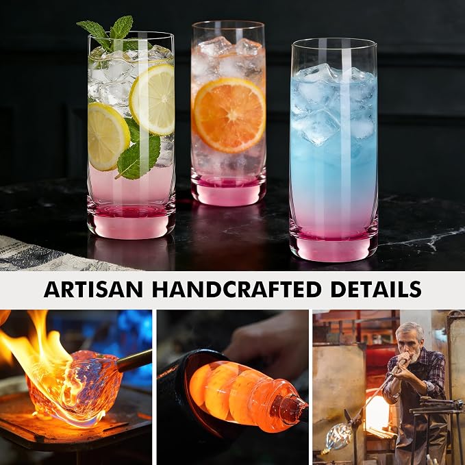 Pink Highball Glasses Set of 6,13oz Pink Drinking Glass Cups for Mixed Drink Cocktail, Beer, Mojito, Water and Juice,Thick Tall Crystal Glassware for Kitchen, Restaurant, Home Bar and Parties - Image 7