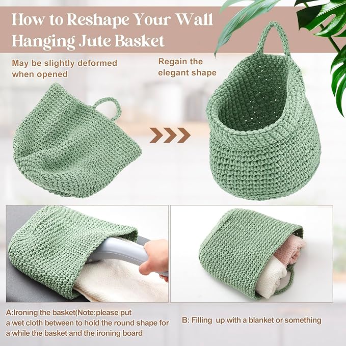 Honeydak Boho Decor Hanging Wall Baskets for Kitchen 3 Pack Teardrop Baskets with Hooks Storage Fruit Onion Vegetable Potato for Home 3 Sizes (Sage Green,Barrel,Cotton Rope) - Image 3