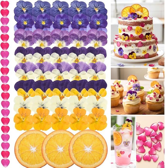 63 Pcs Edible Flowers Cake Decorations – Dried Edible Flowers for Cocktails, Drinks, Cupcake Topper & Cake Decorating, Food Grade Pressed Flowers Mix with Pansy, Heart Rose Petals & Orange by VitalForest