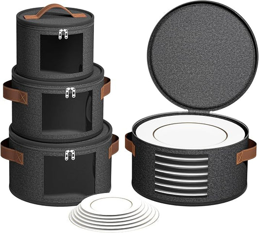 Foyego China Storage Containers, Dark Gray, 4 Piece Set | with Lid, Handles & Visible Window, Stackable Moving Boxes for Plates Storage, Sturdy Dish Packing Supplies for Protection by Foyego