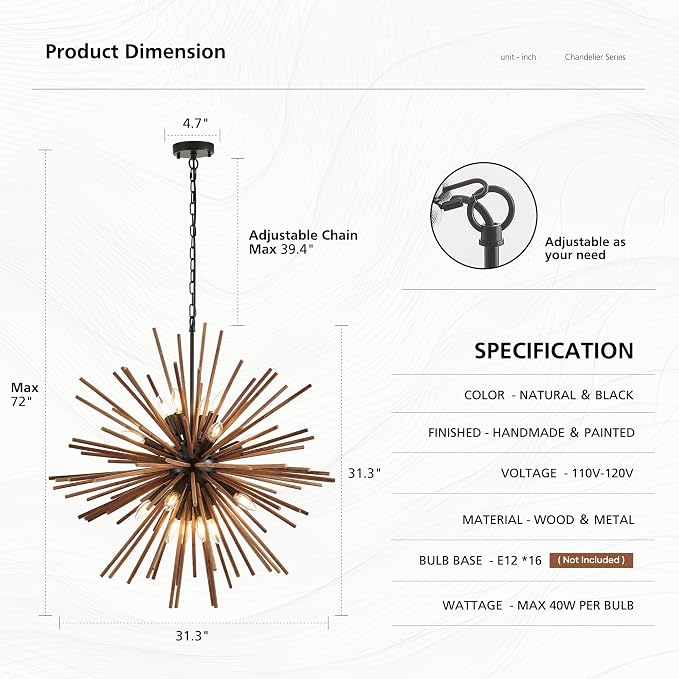 31.3" Farmhouse Sputnik Chandelier for Dining Room Rustic Handmade Natural Wood 16-Light Hanging Ceiling Pendant Light Fixture Starburst Wood Chandeliers for Kitchen Bedroom Foyer Hallway - Image 2