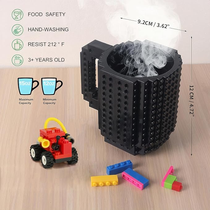 Lumsburry Build-on Brick Coffee Mug, Funny DIY Unique Novelty Drinking Cup | Building Blocks Creative Mug, for Men Women Kids Dad Mom, Present Exchange Ideas, Xmas Birthday White Elephant(Cool Black) - Image 2
