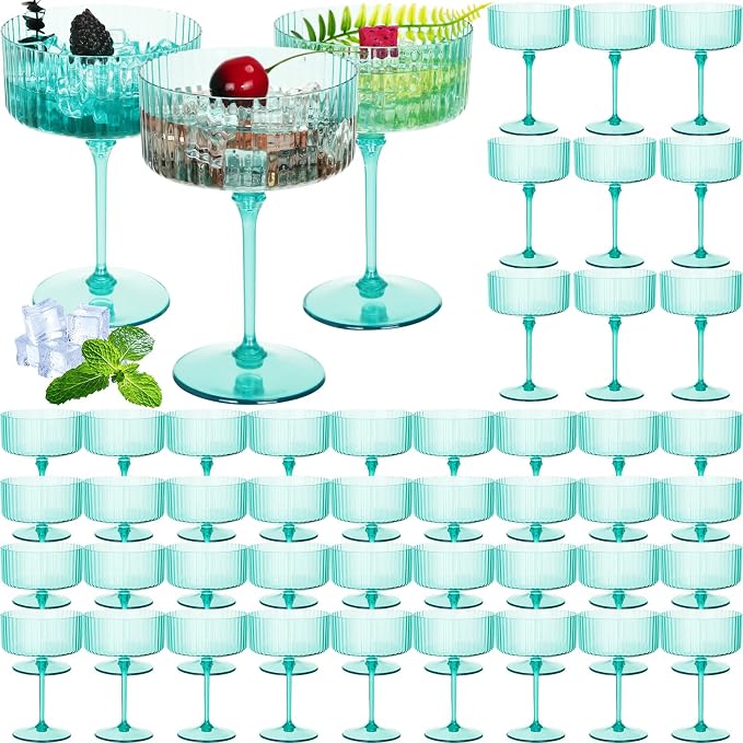 Jingmore 48 Pcs Ribbed Martini Glasses 10 oz Disposable Plastic Vintage Ribbed Coupe Glasses Unbreakable Dessert Parfait Glassware for Wedding Birthday Party Supplies (Light Green) by Jingmore