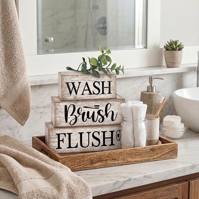Moucuny 4 Pcs Farmhouse Bathroom Decor and Accessories Rustic Bathroom Shelf Decor Sign Set "wash/brush/flush" Farmhouse Eucalyptus Leaves Wood Block Signs for Toilet Vanity Countertop Home Decoration - Image 2
