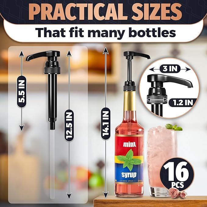 Set of 16 Black Coffee Syrup Pumps - 12.4 Inches Vanilla Syrup Dispenser for Skinny Bottles, Adjustable Length and Lockable Design, Good for Home and Commercial Use, Easy to Use and Clean