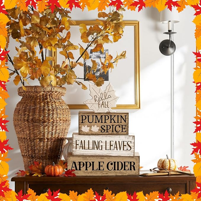 Moucuny 4 Pcs Neutral Fall Table Decor for Home Maple Leaf Wooden Blocks | Thanksgiving Tiered Tray Decor, Brown and White Rustic Maple Leaf Block Signs Gift Fall Centerpiece for Harvest Home Kitchen - Image 6