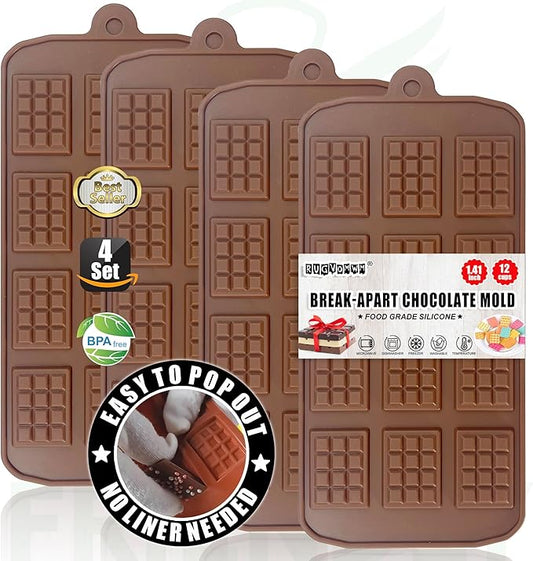 Break-Apart Chocolate Molds, Non-Stick Silicone Chocolate Bar Mold, Food Grade Candy Bar Mold, Perfect for Energy Bar, Cocoa Mini Bar, Basic Bites - 4 Pack