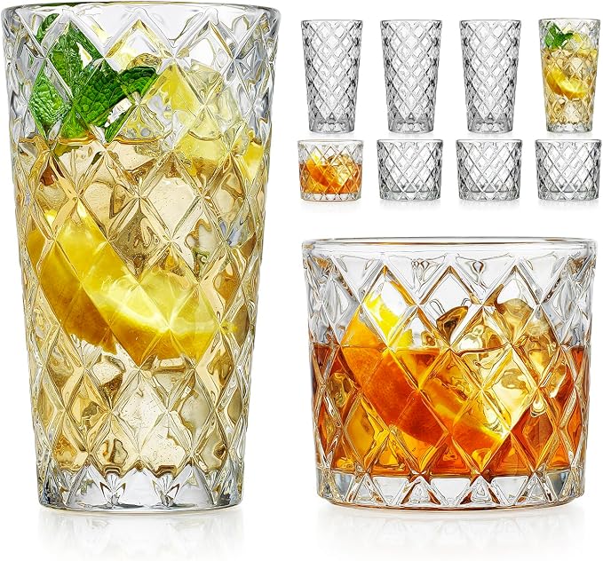 Diamond Cut Drinking Glass Set, Set of 8 Premium Textured Glassware with 4 Highball Glasses 17 oz and 4 Whiskey Glasses 10 oz Elegant Drinking Glasses by MosJos