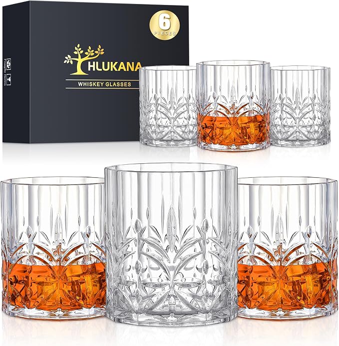 Hlukana Unbreakable Plastic Whiskey Glasses Set of 6, 14 Oz Old Fashioned Glasses for Scotch Cocktail Rum Bourbon Vodka Liquor, Unique Gifts for Men, Reusable, Clear, BPA-free, Dishwasher Safe by Hlukana
