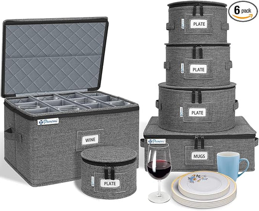punemi China Storage Containers, 6-Piece Hard Shell Set for Moving Boxes | Mug, cup and wine glass organizers with dividers and carry handles for dinnerware, glassware and stemware, grey by Punemi
