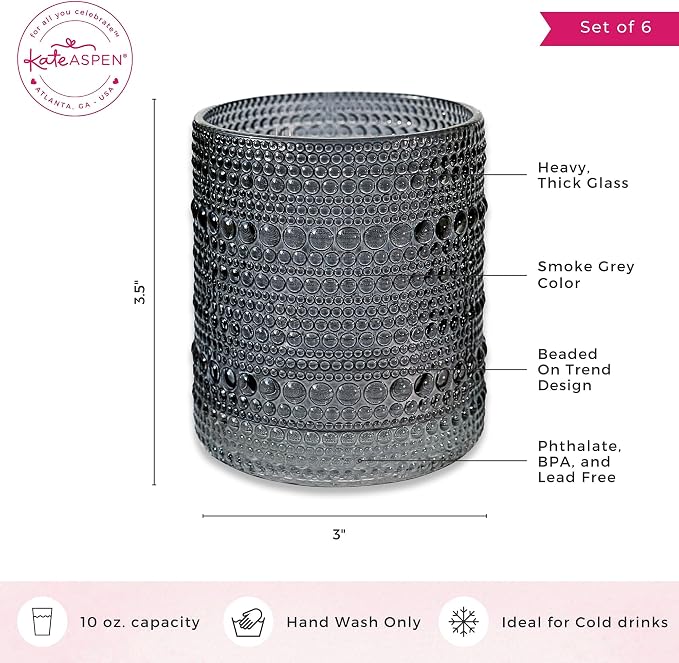 Kate Aspen Hobnail Beaded Drinking Glasses Vintage Glassware Set | Cocktail Glass Set, Juice Glass, Water Cups | Makes A Great Hostess Gift, Gift for Newlyweds (Smoke Grey) - Image 6