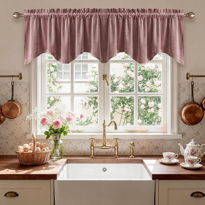 Wild Rose Velvet Valance Home Decor 52x18 Inch 1 Panel | Wavy Pink Window Treatment for Kitchen Windows, Soft Decorative Short Drape for Girls Room, Bathroom, Spring Decor by StangH