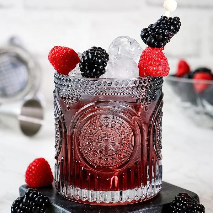 Ribbed Retro Arch Floral Smoke Grey Drinking Glasses Set of 6, (10 oz) Vintage Glassware Set by Kate Aspen| Cocktail Glass Set, Juice Glass, Water Cups | Hostess Gift & Present for New Home Owners - Image 2